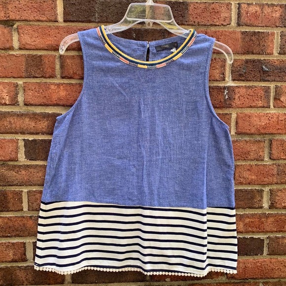 THML Embroidered Linen Denim Stripe Shirt Blouse Sleeveless Tank Top Small - Picture 1 of 6